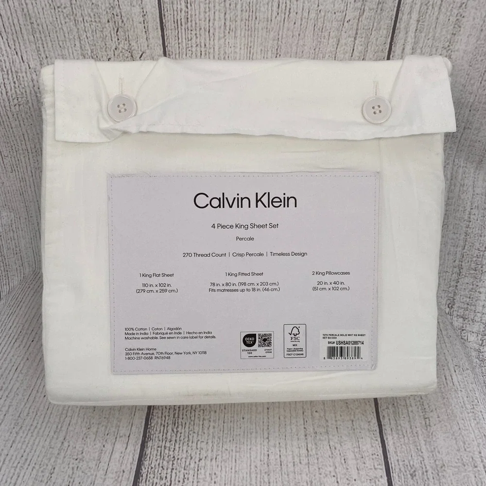 Calvin Klein Sheet Set KING White 270TC Cotton Percale Modern Bedding Minimalist